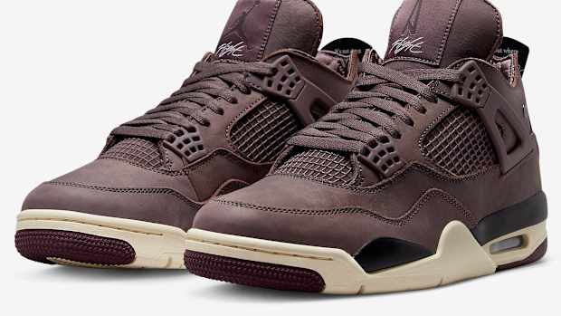 Burgundy Jordan sneakers.